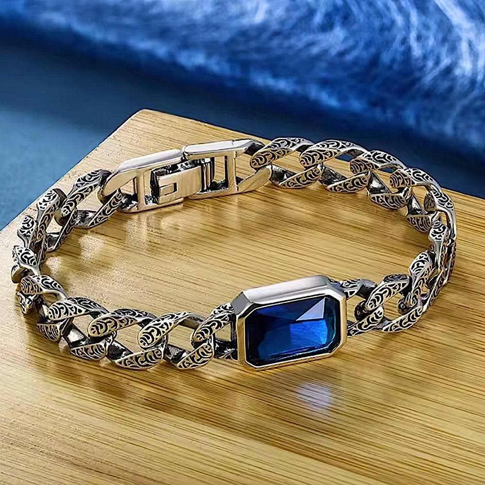 Stainless Steel Sapphire Chain Link Bracelet, Curb Engraved